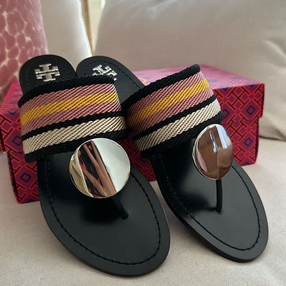 Tory Burch Patos disk sandals webbing calf leather black stripe